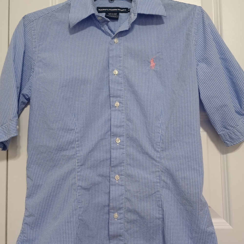 RL Sport Short sleeve top, Active wear button down, Pink logo, Size 4, Small